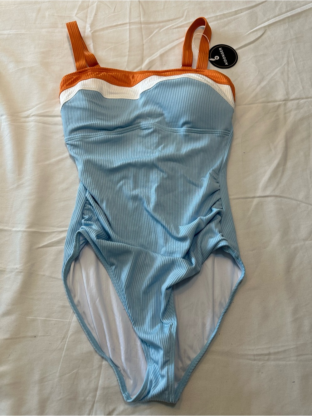 Ribbed Light Blue One-Piece Swimsuit with Orange Trim